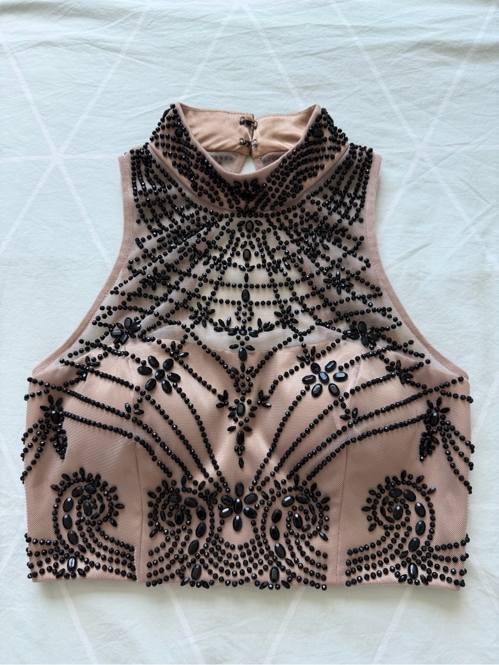 Xscape Beaded Mesh Mock Neck Crop Top Nude Black Rhinestone Size 2